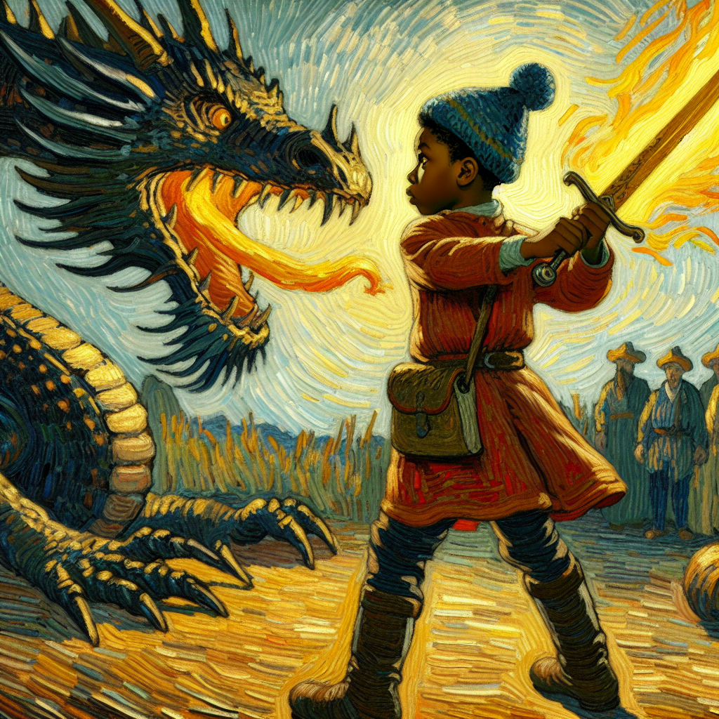 A black american boy holding a golden sword in the hand satnding against a dragon A black american boy holding a golden sword in the hand satnding against a dragon
